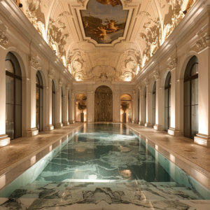 Piscine intérieure de luxe dans un bâtiment baroque, avec un éclairage LED qui met en valeur les détails architecturaux et crée une atmosphère de sérénité opulente