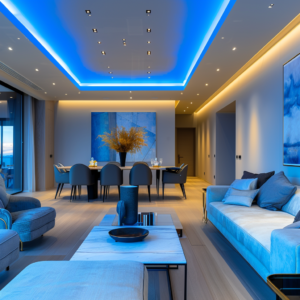 Penthouse de luxe à Paris avec éclairage LED intelligent, créant une ambiance parfaite avec des couleurs d'ambiance ajustables