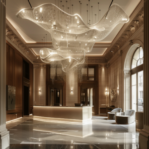 Hall d'hôtel majestueux éclairé par un grand lustre, avec des lumières douces mettant en évidence l'architecture et les œuvres d'art