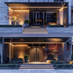 Image avant et après l'installation électrique à l'entrée d'un immeuble moderne, montrant l'entrée sans éclairage puis éclairée avec des lumières extérieures stylées