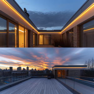 Toit d'un immeuble avant et après l'installation électrique, avec éclairage de sécurité périphérique et éclairage d'accentuation des détails architecturaux
