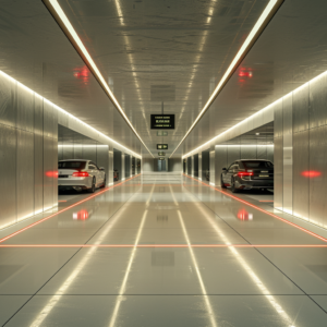Parking souterrain luxueux d'un immeuble neuf, équipé de bandes LED le long des voies et de lumières indiquant la disponibilité des places.