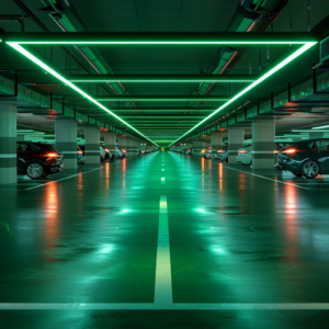 Parking souterrain luxueux d'un immeuble neuf, équipé de bandes LED le long des voies et de lumières indiquant la disponibilité des places.